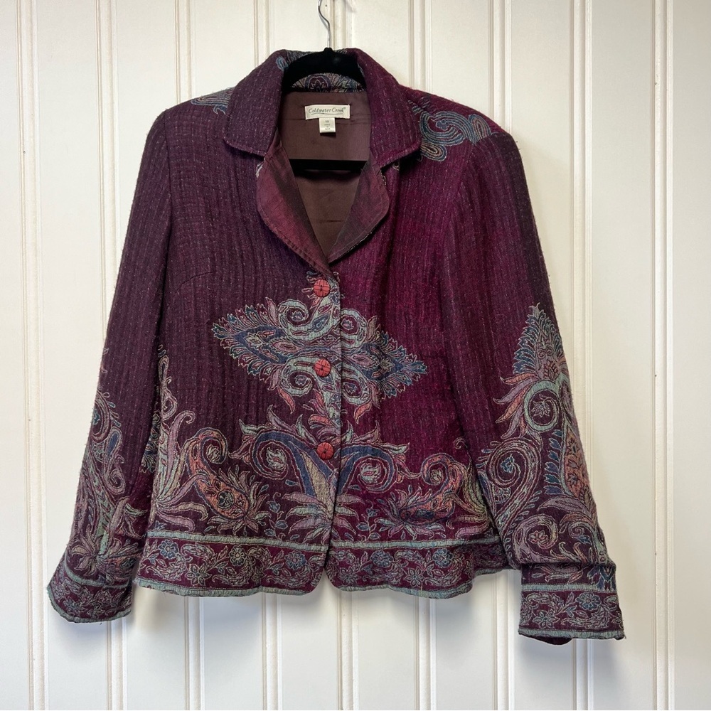 Coldwater Creek Tapestry Jacket Size 10 Paisley Boho Cropped Blazer Wool Blend